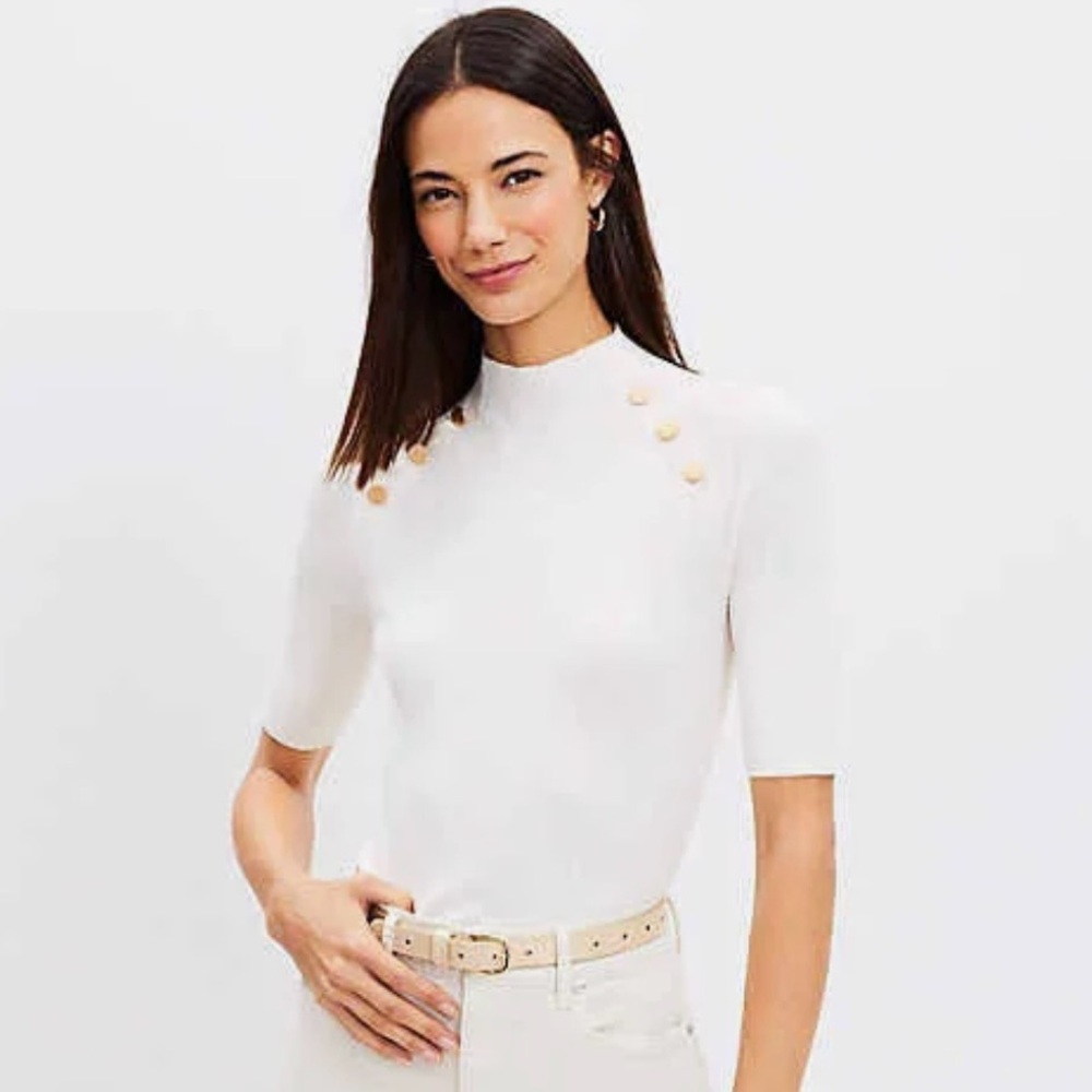 Loft Clever buttoned shoulders frame this flattering ribbed mock neck sweater